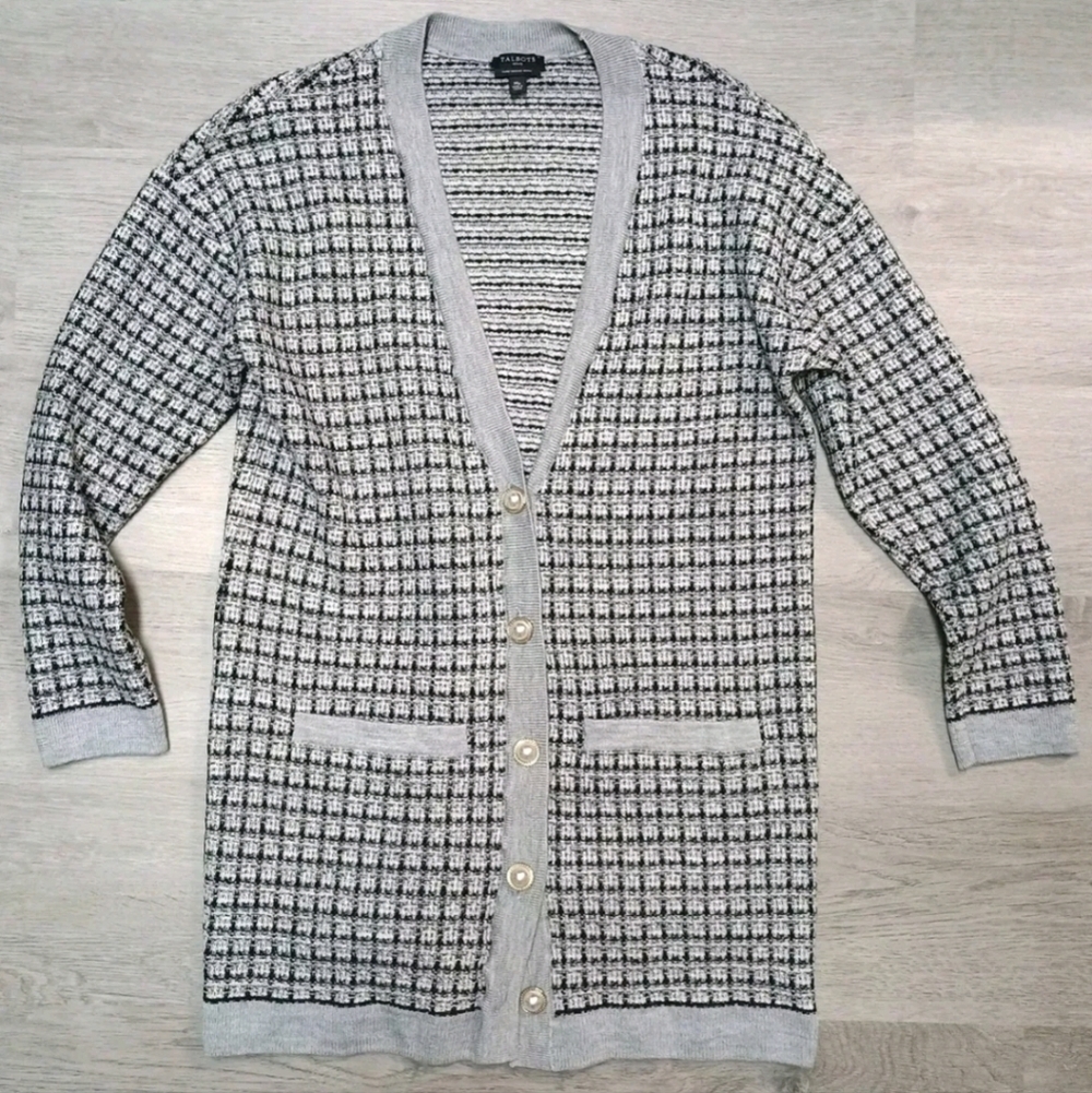 Talbots Black Gray mini Plaid Button Cardigan Textured Merino Wool M Petite